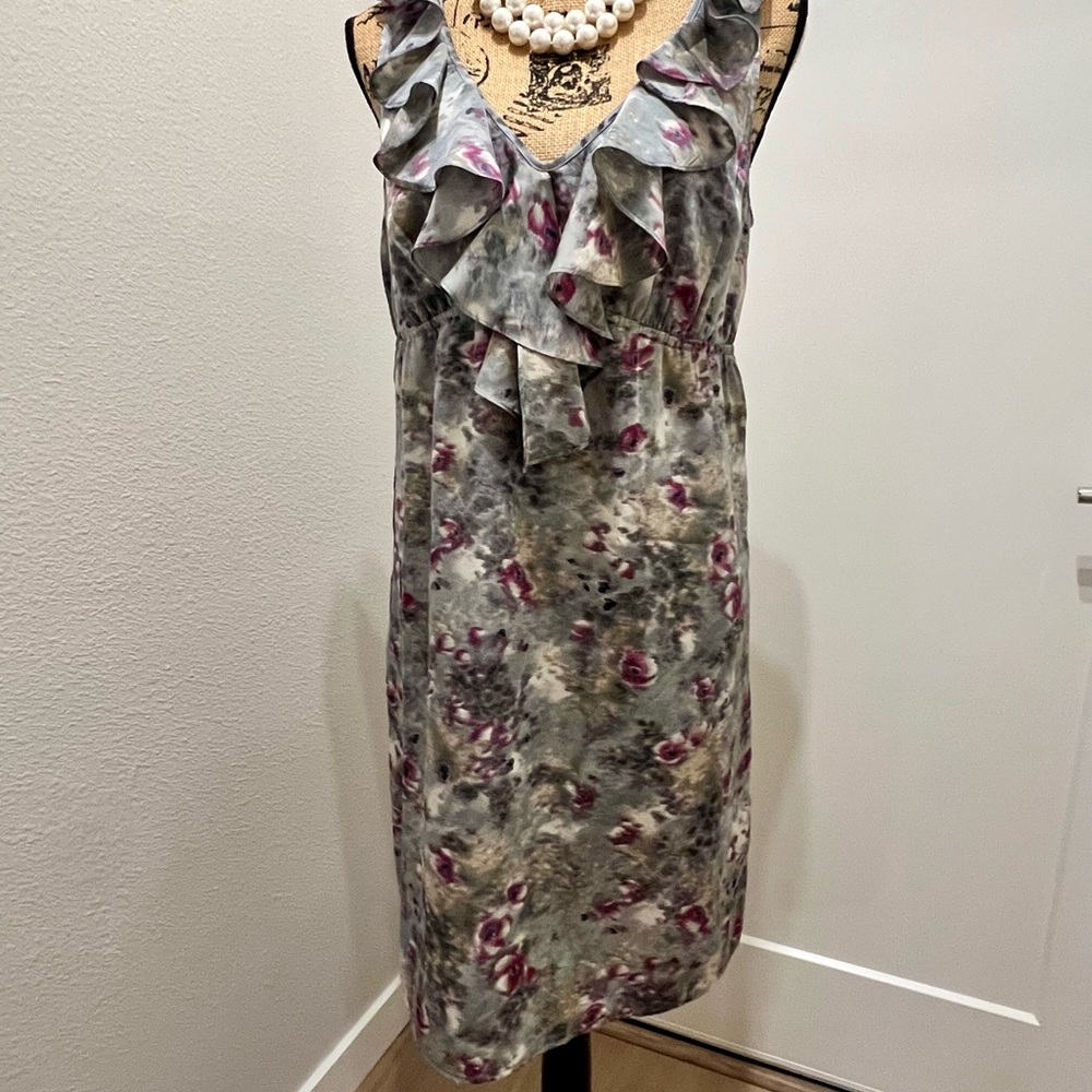 LOFT Floral Ruffle Midi Dress in Gray and Purple